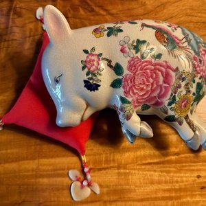 Beautiful Hand-painted Porcelain Sleeping Pig with Floral Peahen Motif